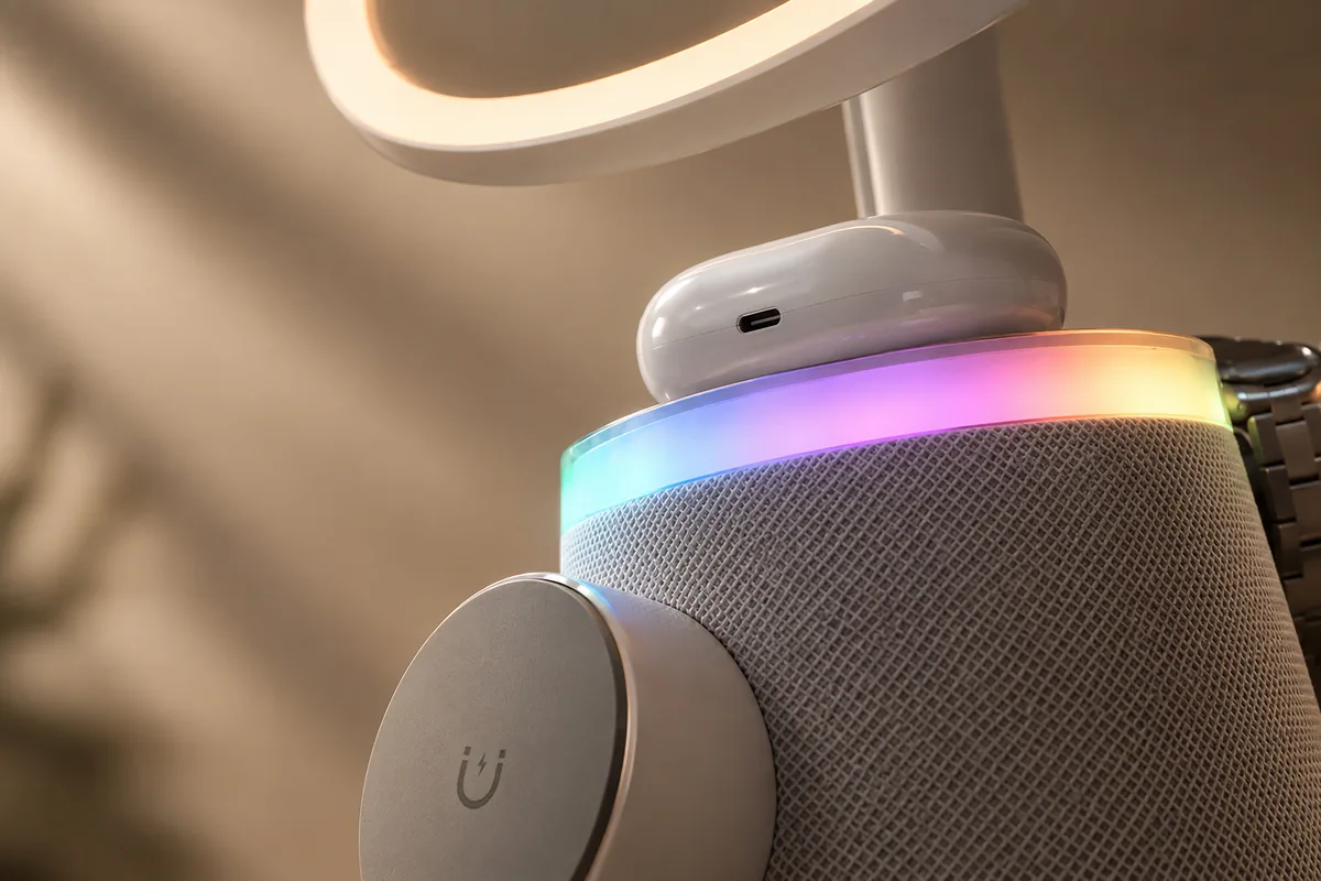 Close-up of GlowBase’s fabric speaker, ambient base light, earbuds charging area, and magnetic phone mount