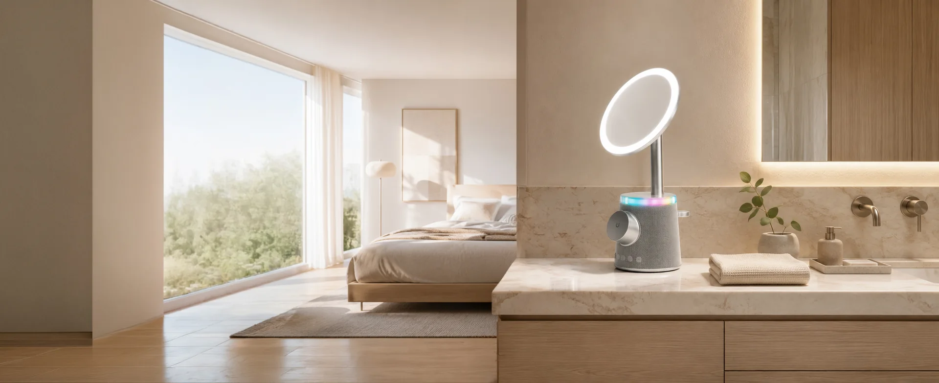 GlowBase on a bathroom vanity beside a bright bedroom with natural wood finishes